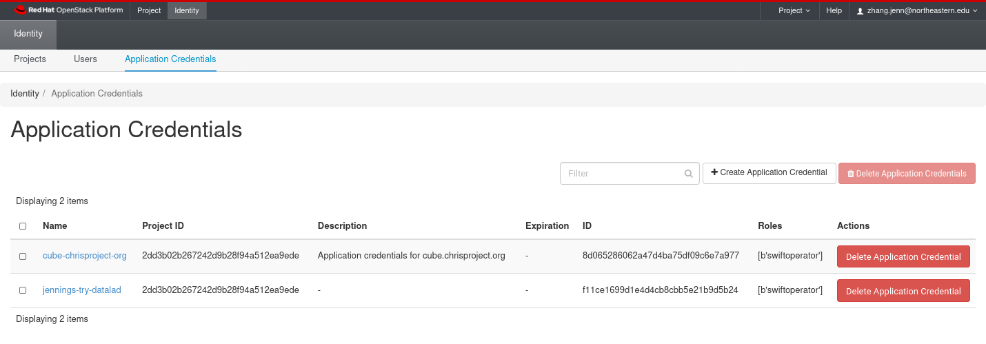 Screenshot of NERC OpenStack &quot;Application Credentials&quot;