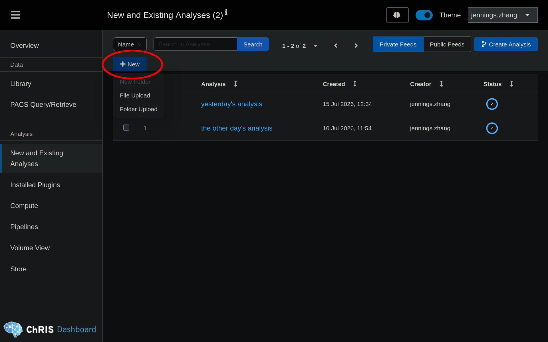 Screenshot of "New and Exisitng Analysis"