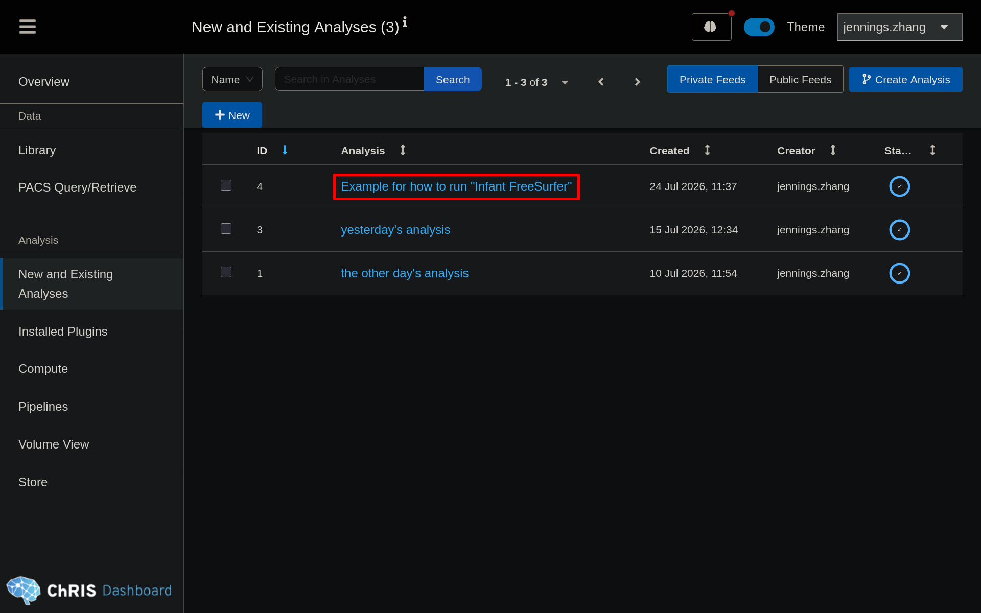 Screenshot of the newly created feed row