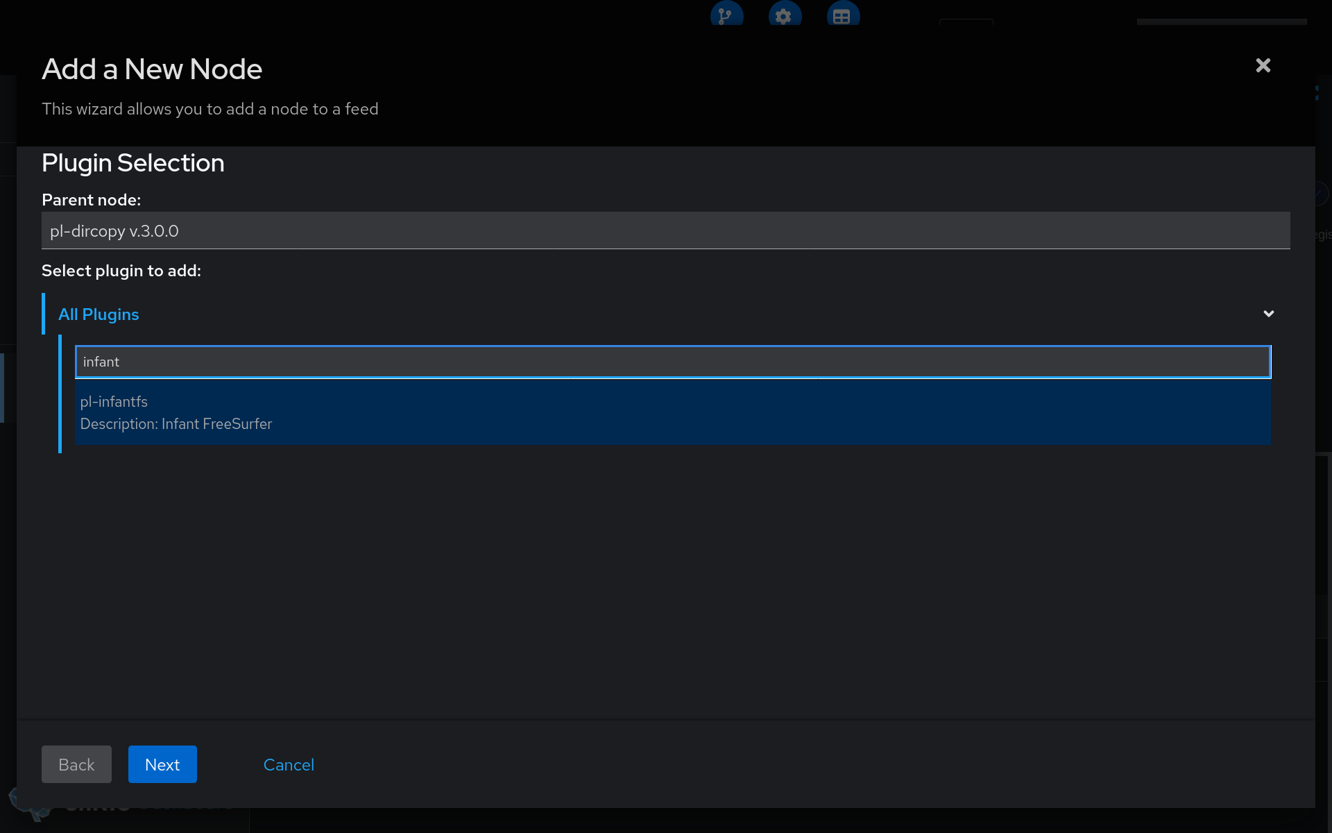 Screenshot of searching for a plugin to run