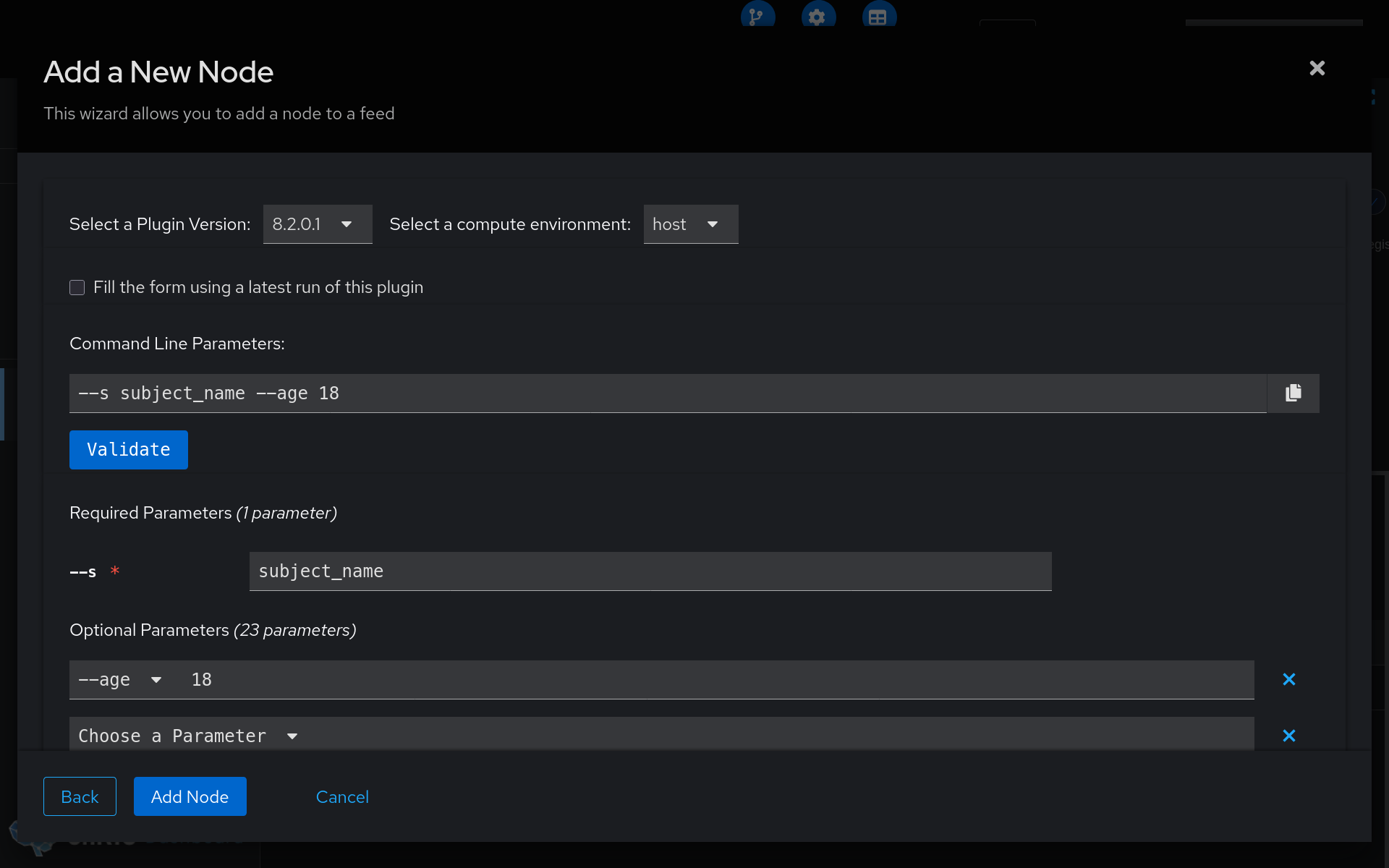 Screenshot of setting parameters in the plugin instance wizard