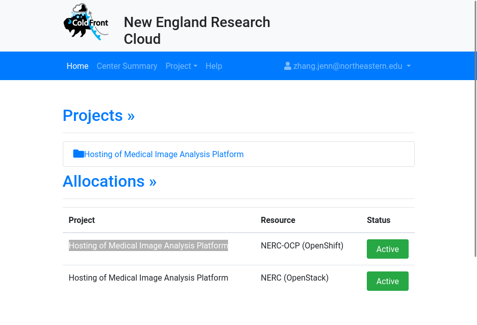 Screenshot of NERC ColdFront &quot;Projects&quot;