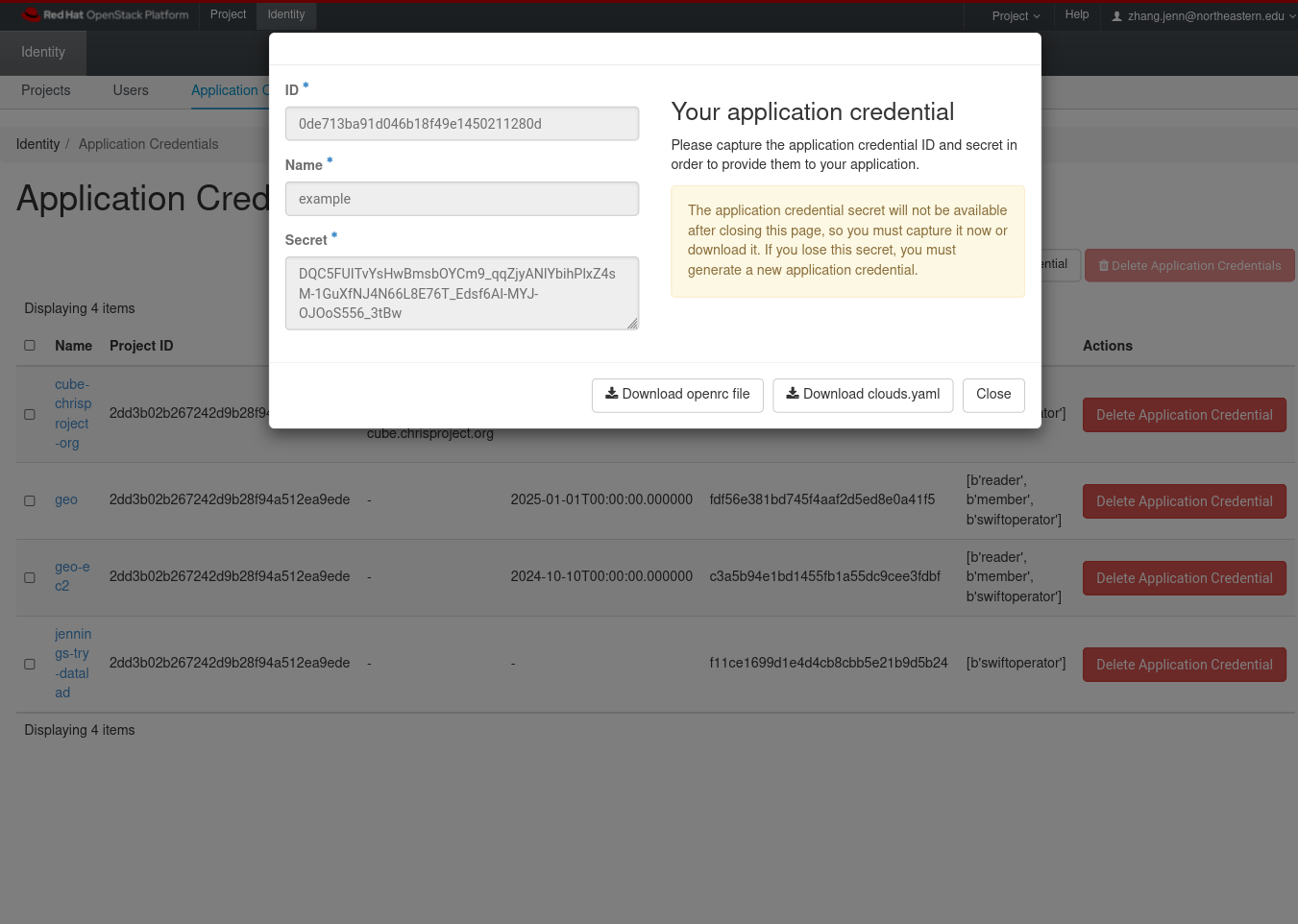 Screenshot after creating application credential