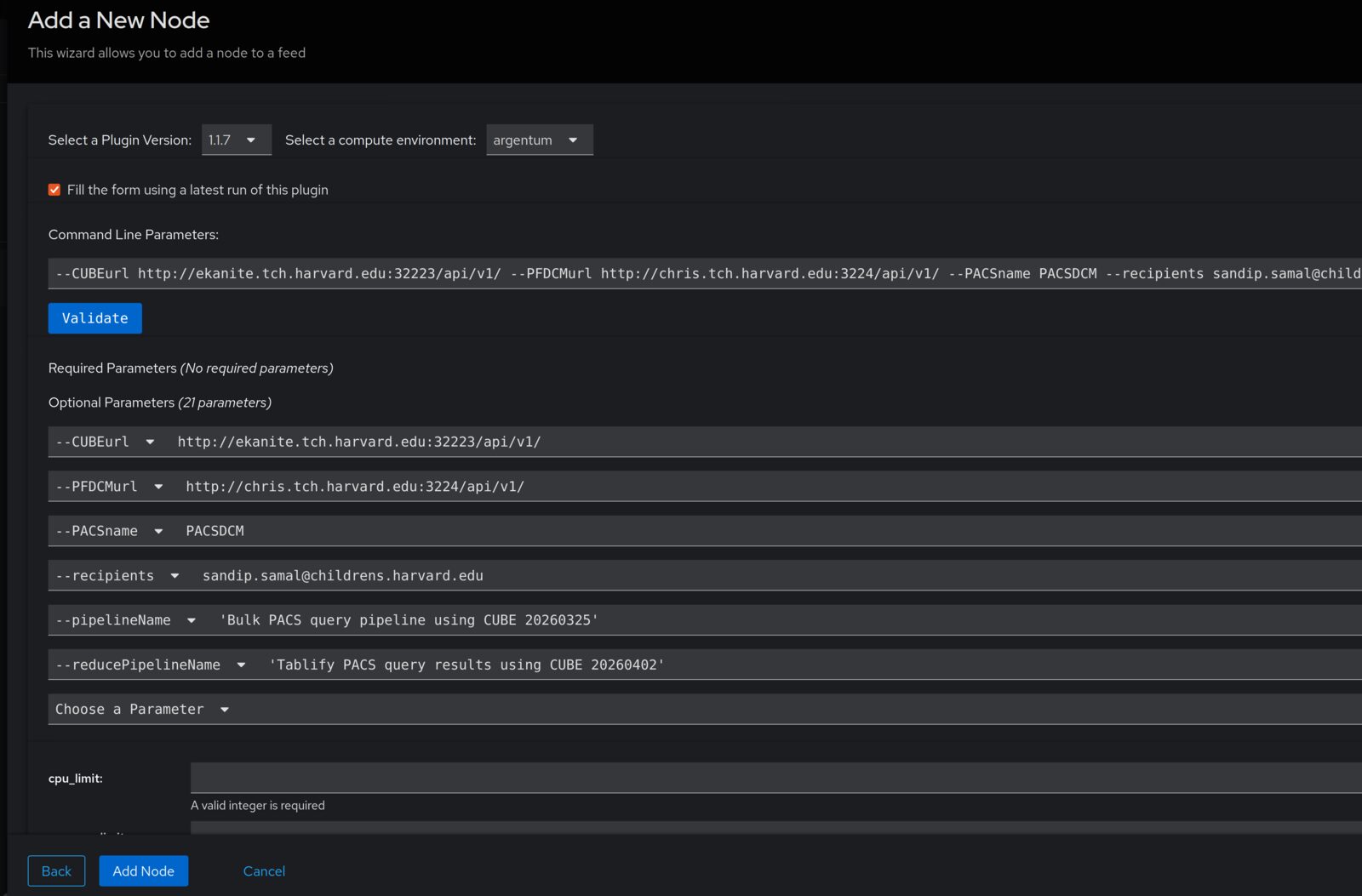 Add a New Node wizard, filled form