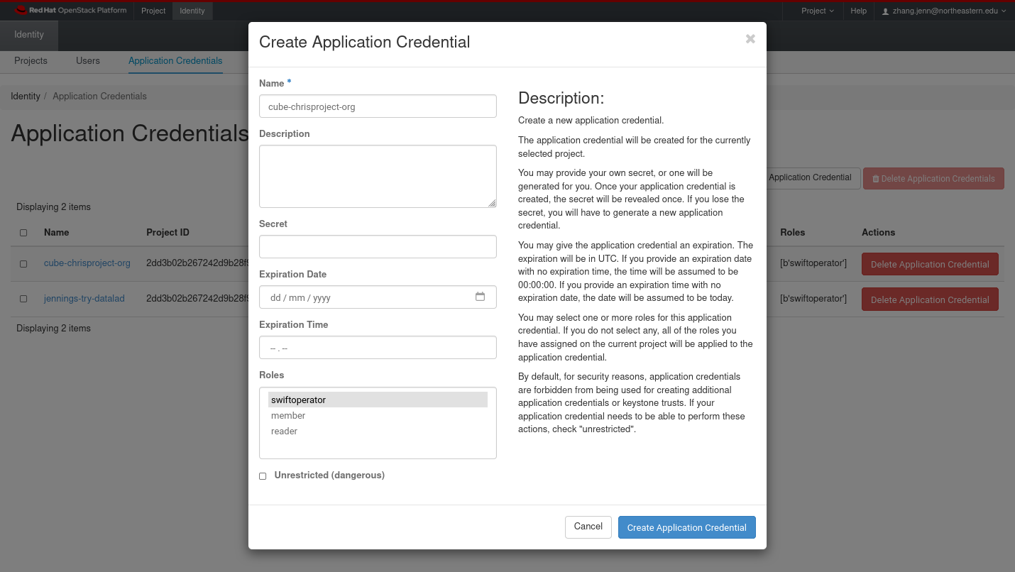 Screenshot of NERC OpenStack &quot;Create Application Credential&quot;