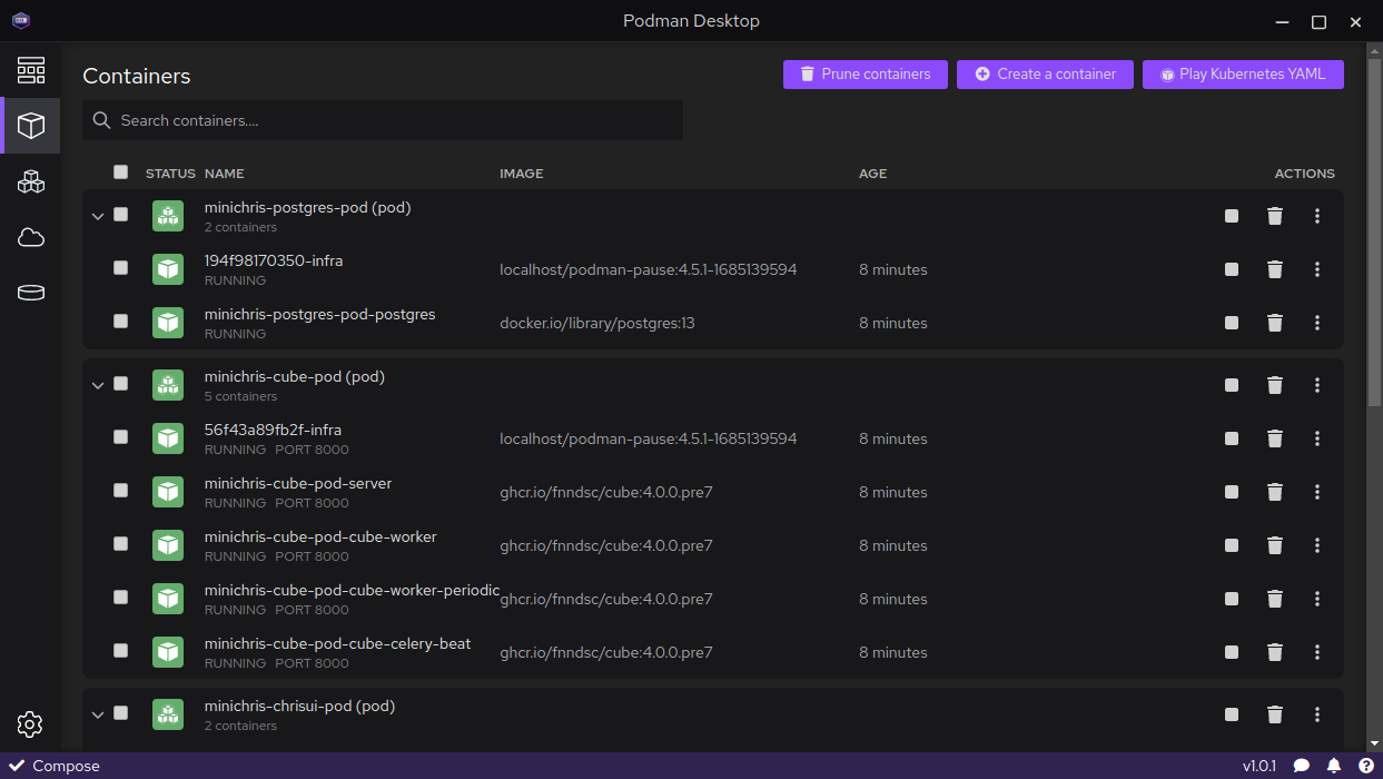 Screenshot of Podman Desktop: running ChRIS containers