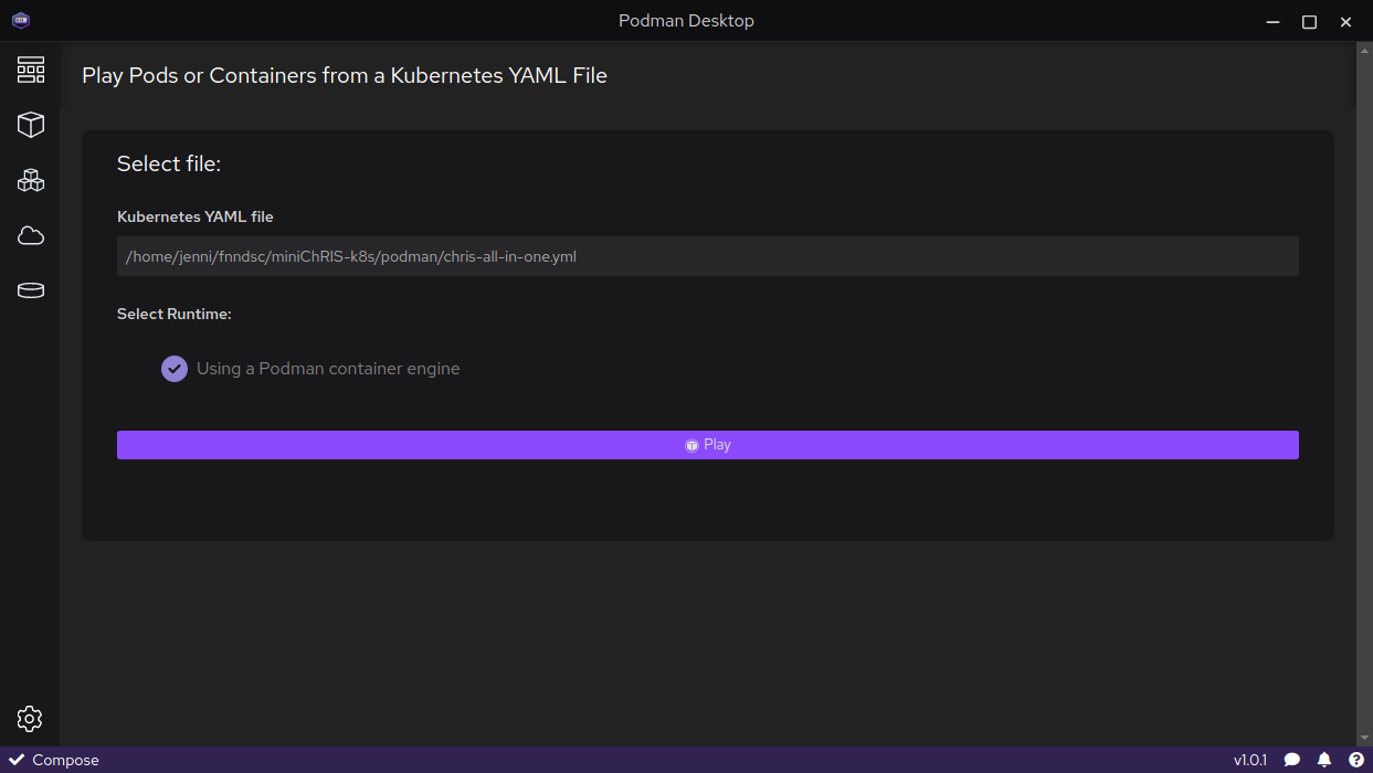 Screenshot of Podman Desktop: selecting a file